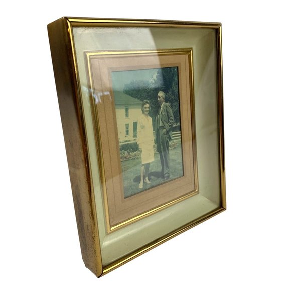 Art Deco Gold-Tone Metal Frame Shadow Box Red Back Easel Stand 50s Couple - Picture 2 of 9